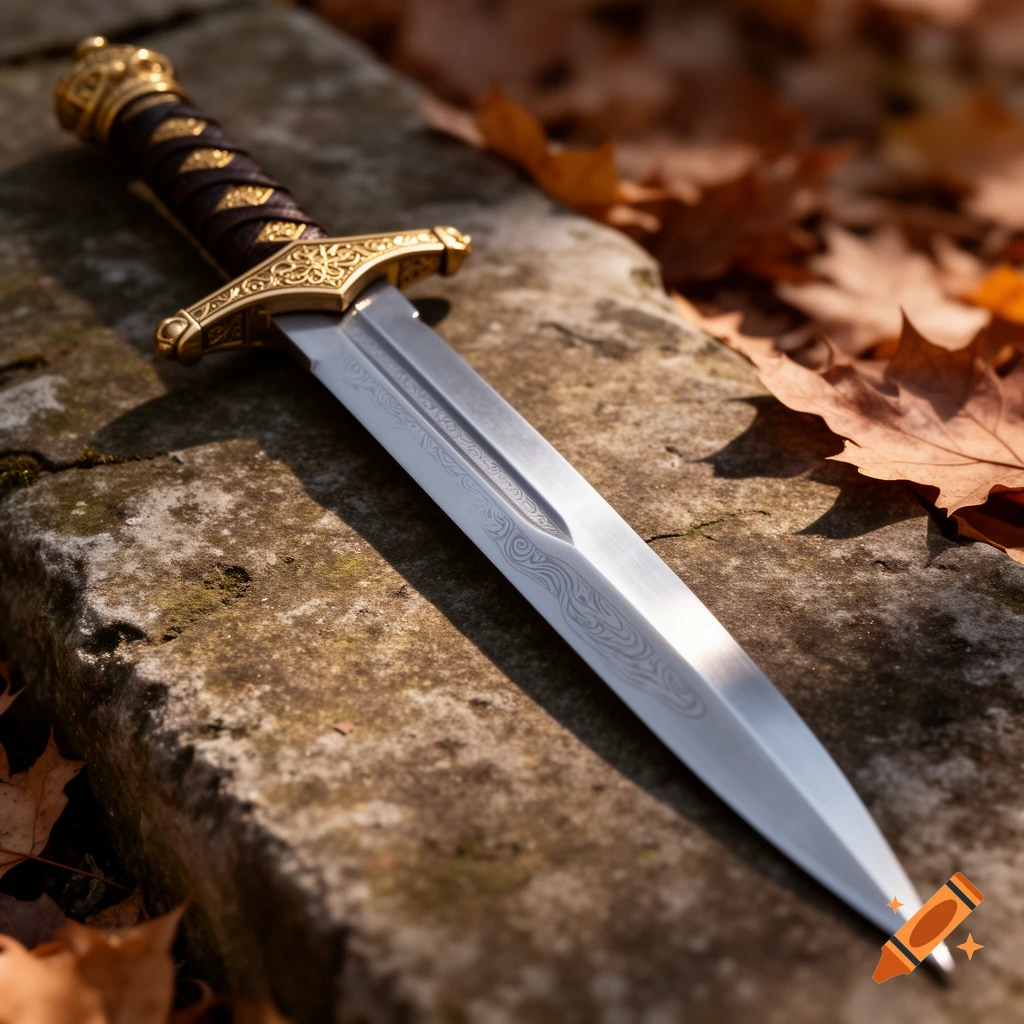 A detailed, ornate gold and silver dagger with a decorative blade resting on a stone surface with autumn leaves.