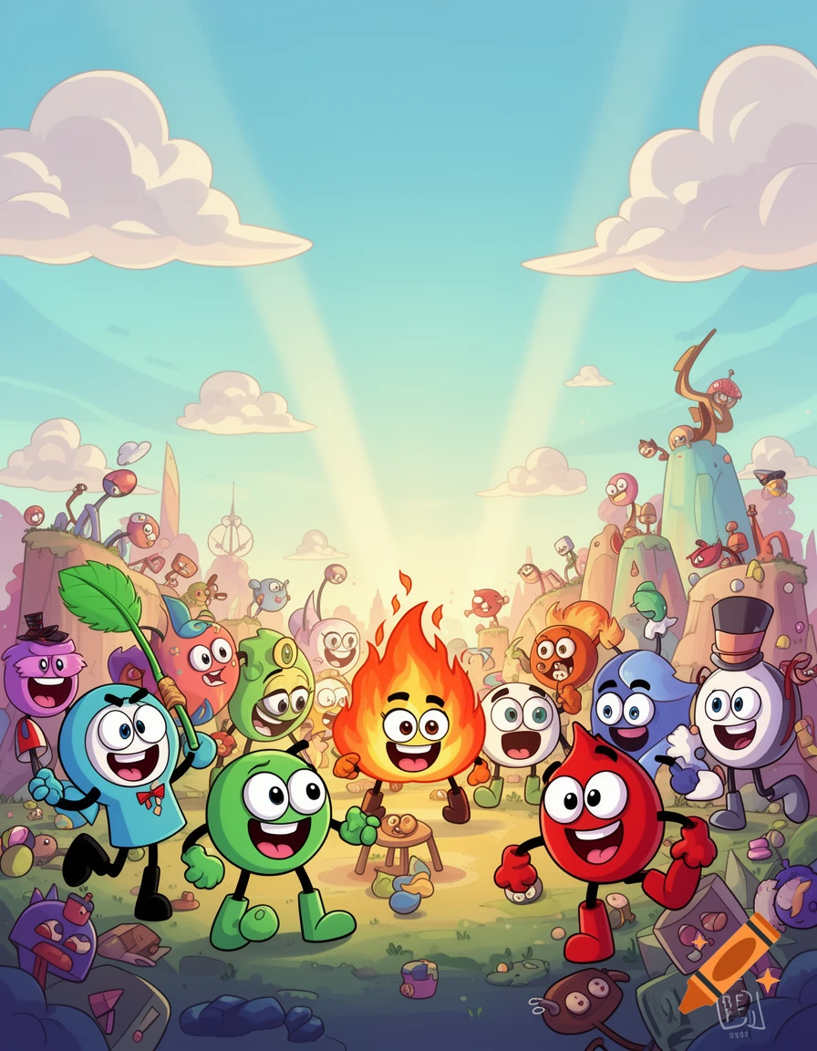 Many colorful, happy, anthropomorphic cartoon characters, including fire, water, and plant-like beings, gather around a campfire in a whimsical landscape.