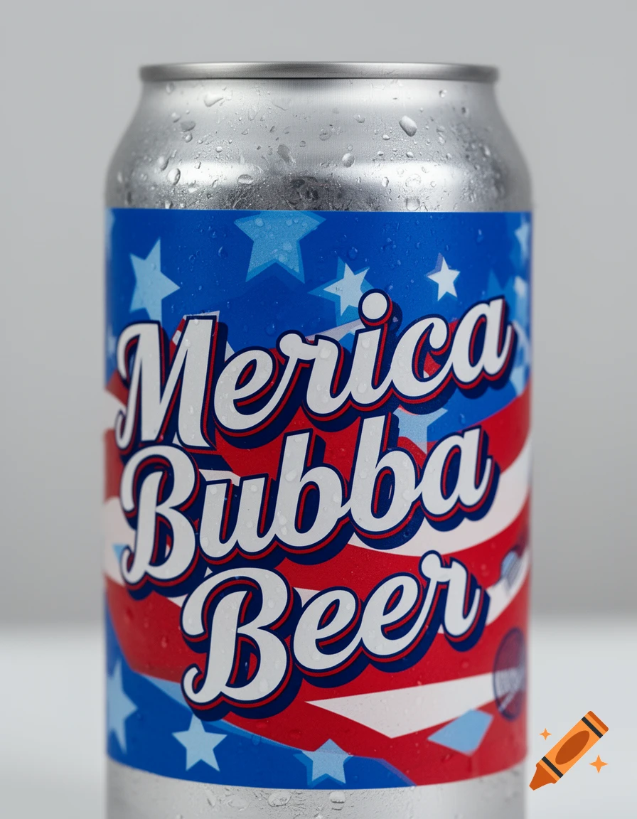 A close-up, photorealistic image of a cold beer can with water droplets, featuring a patriotic red, white, and blue label that says 'Merica Bubba Beer'.