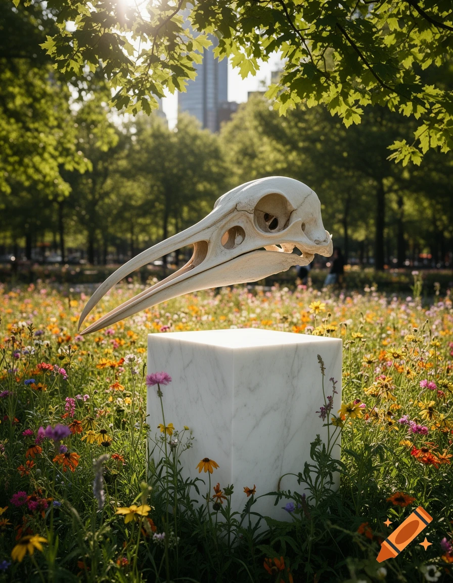 A photorealistic image of a large bird skull, possibly a crane, floating above a white marble pedestal in a vibrant field of wildflowers. Green trees frame the top, with city buildings visible in the sunny background.