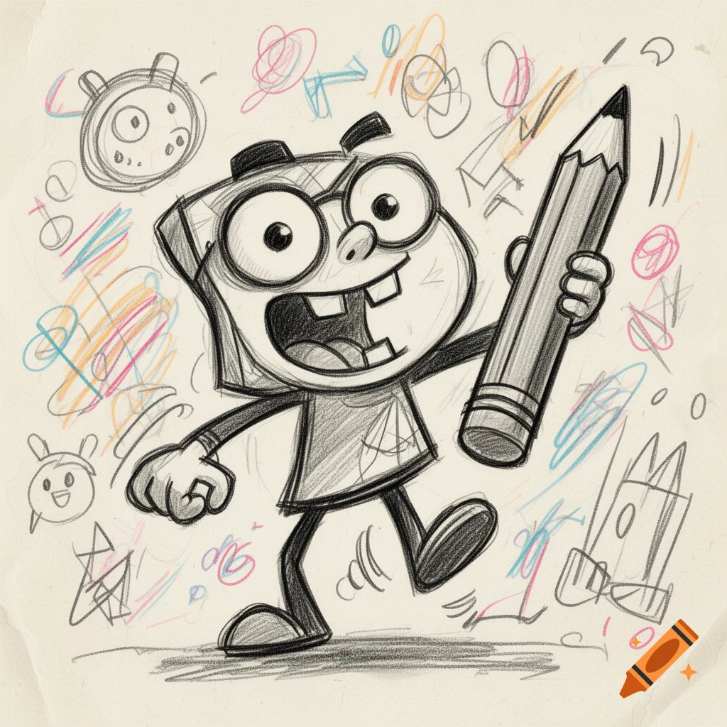 A black and white cartoon character with big eyes, buck teeth, and short black hair holds a large pencil, smiling amidst colorful scribbles.