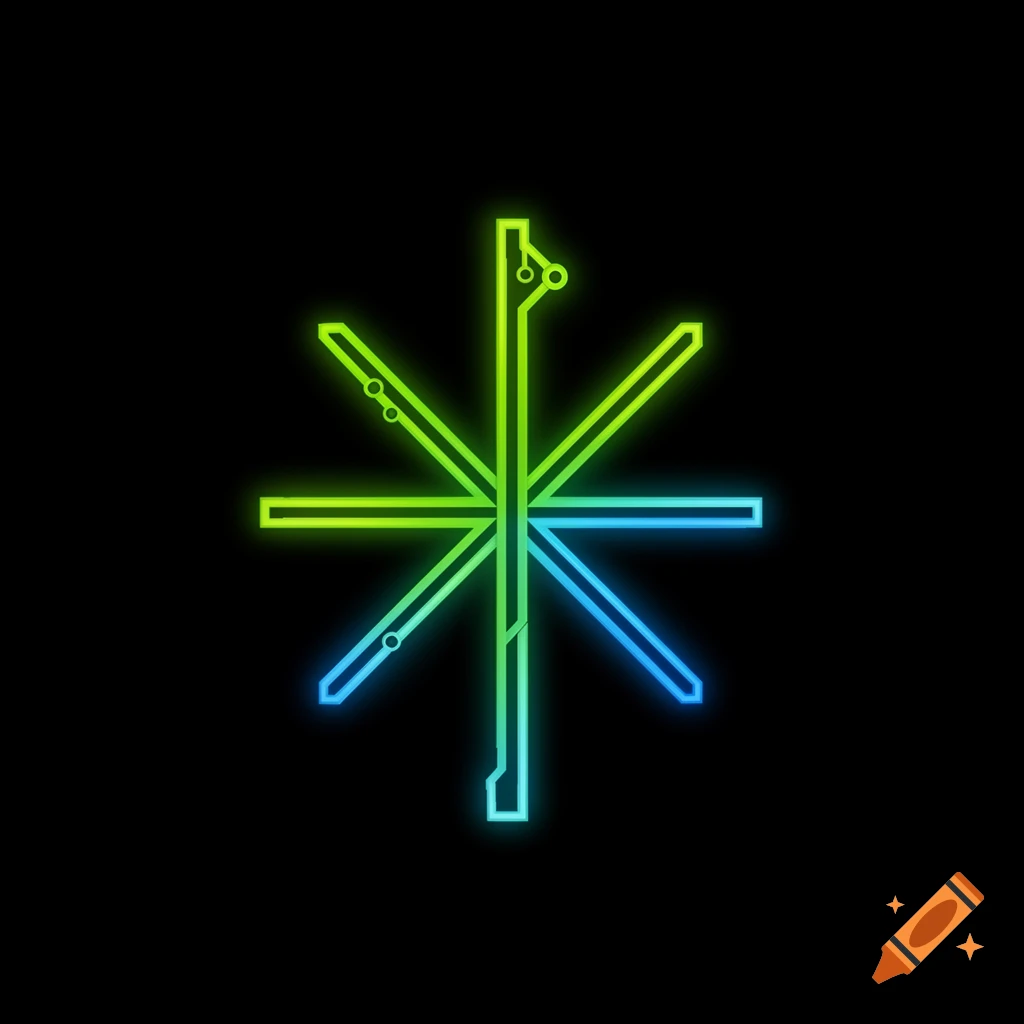 A stylized symbol resembling a star or snowflake, made of glowing neon circuit lines in green and blue on a black background.