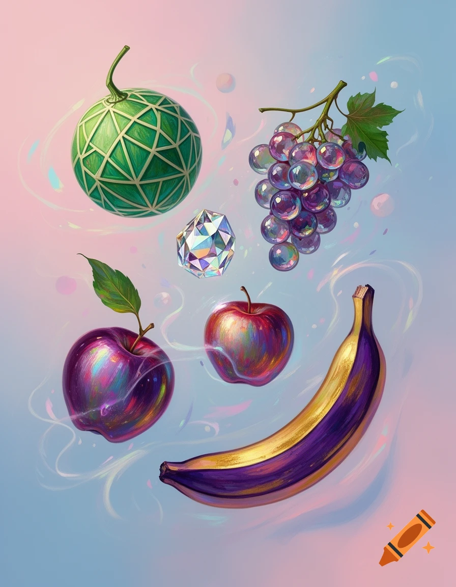 Stylized iridescent grapes, metallic purple apples, a gold and purple banana, a green geometric melon, and a diamond float on a pink-blue gradient.