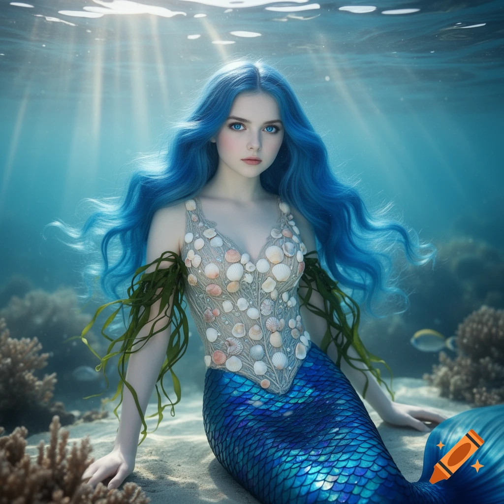 A photorealistic mermaid with blue hair and a shimmering blue tail sits on a sandy underwater seabed, wearing a seashell top.