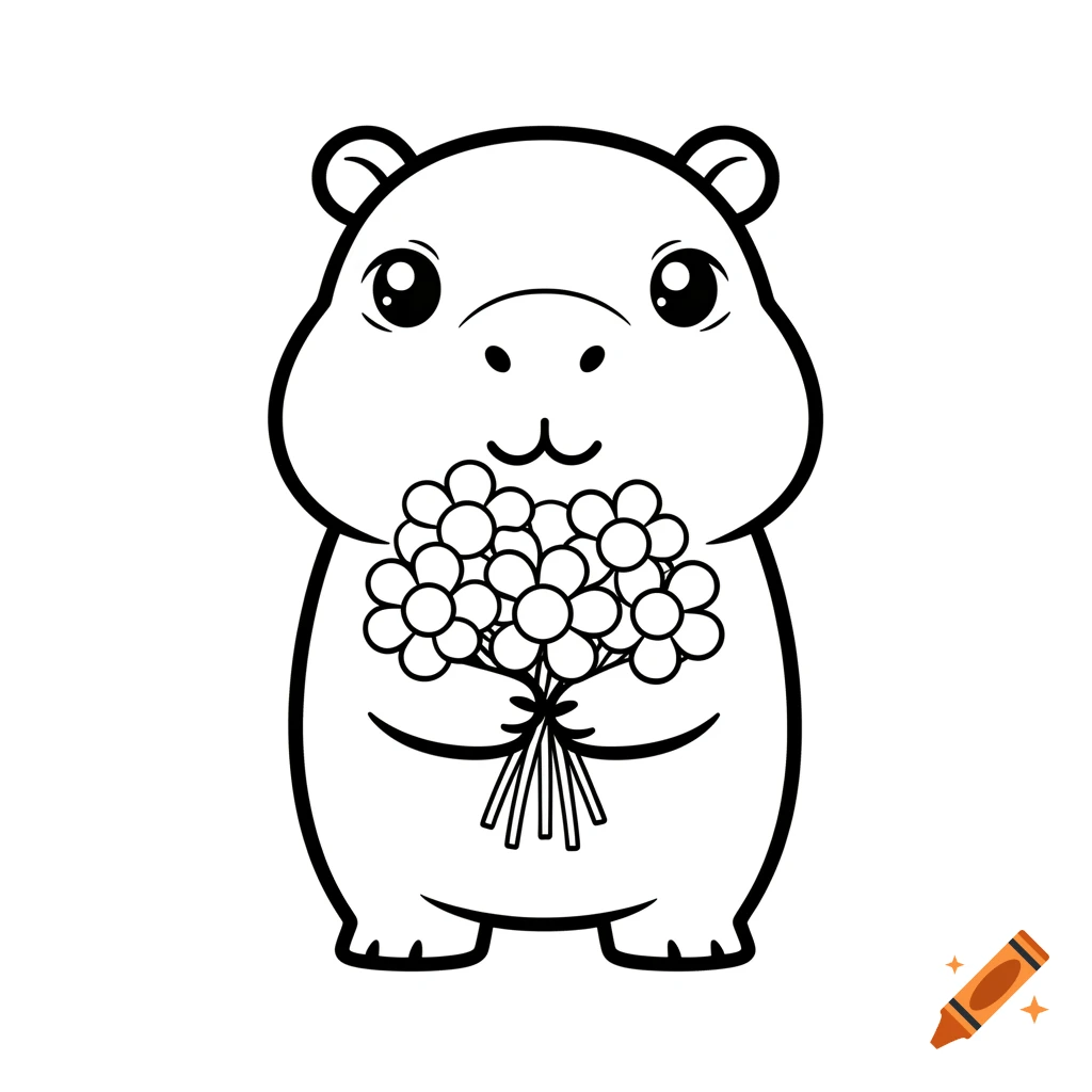 A simple black and white kawaii coloring page of a cute capybara holding a bouquet of flowers.