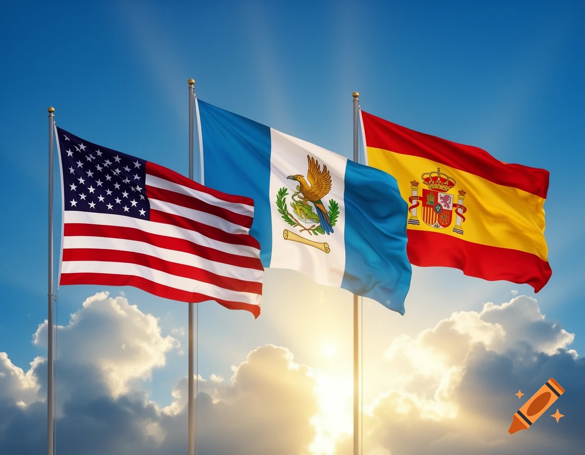 Three flags, USA, Guatemala, and Spain, wave against a bright blue sky with sunlit clouds.
