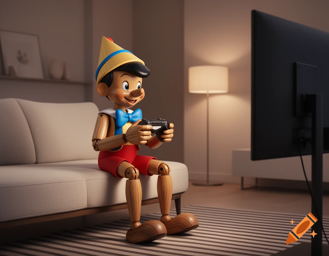 Pinocchio, a wooden puppet, sits on a couch in a living room, smiling and playing video games on a controller.