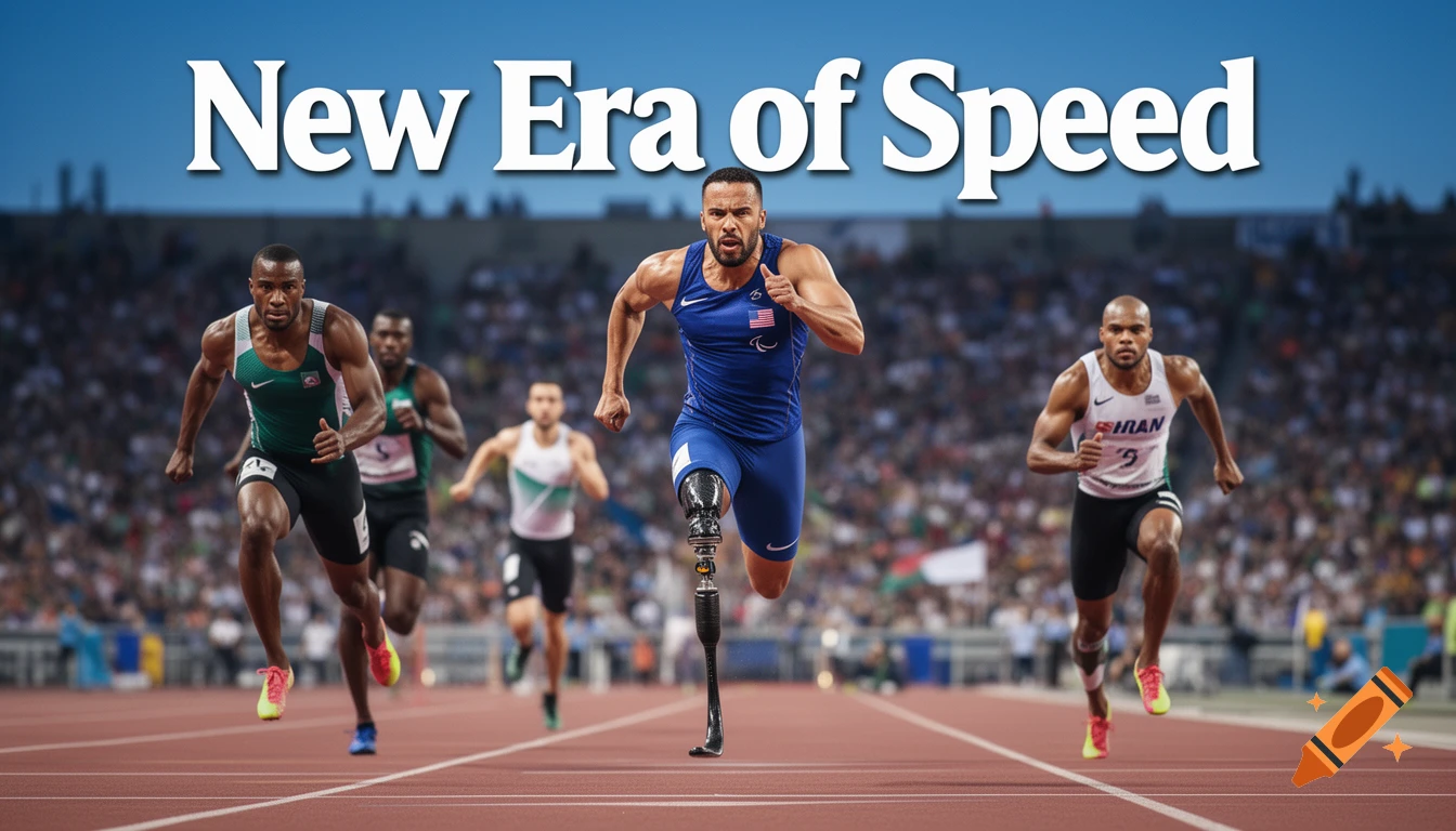 Photorealistic image of five male athletes sprinting on a track. The central runner has a prosthetic leg. 'New Era of Speed' text is overhead.