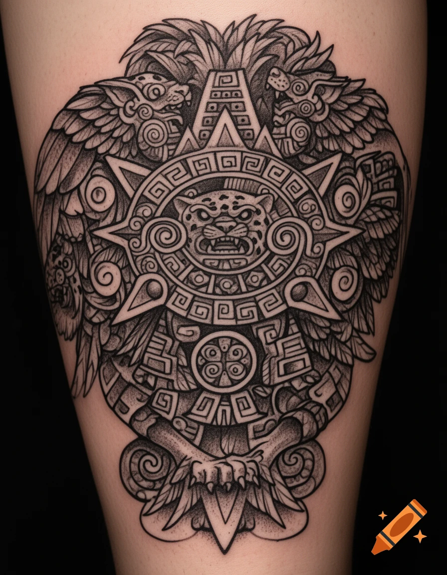 Detailed black and white Aztec-inspired tattoo design featuring a jaguar head, feathered serpents, and geometric patterns.