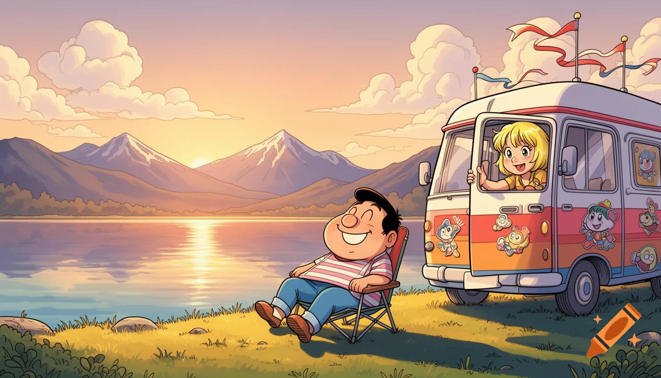 A man sits in a chair by a lake at sunset, next to a camper van with a girl looking out, in a manga style.