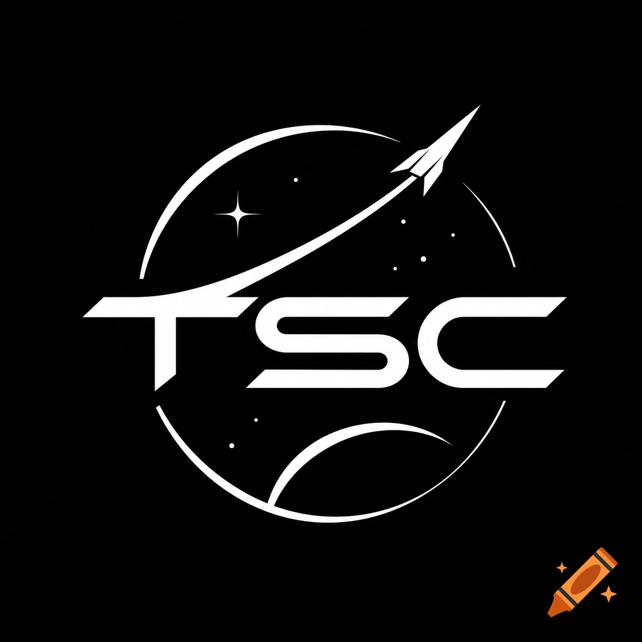 A modern black and white logo for a space company featuring the letters TSC, a rocket, and stars within a circular design.