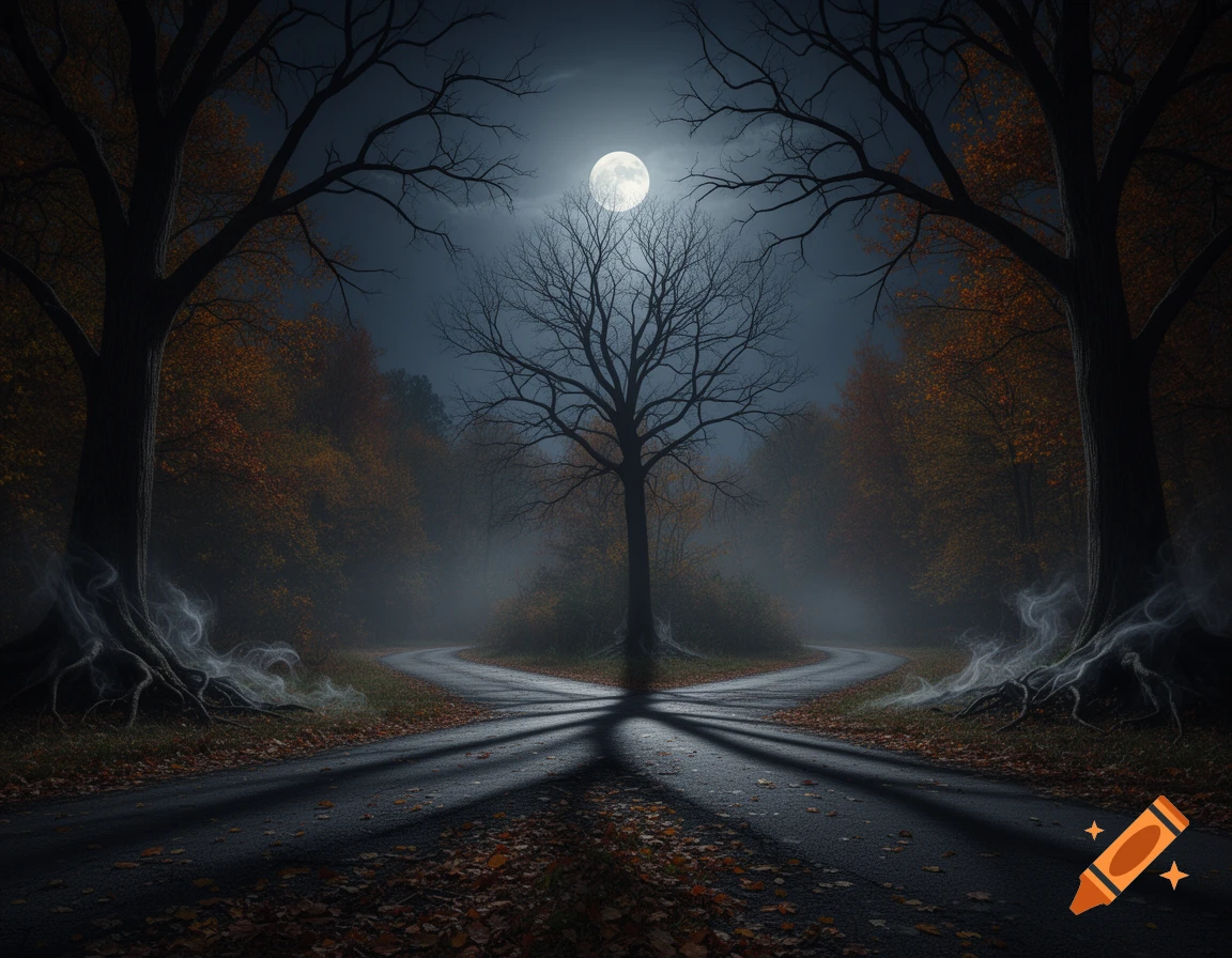 A full moon illuminates a misty, eerie crossroads in an autumn forest at night, with dark, gnarled trees.