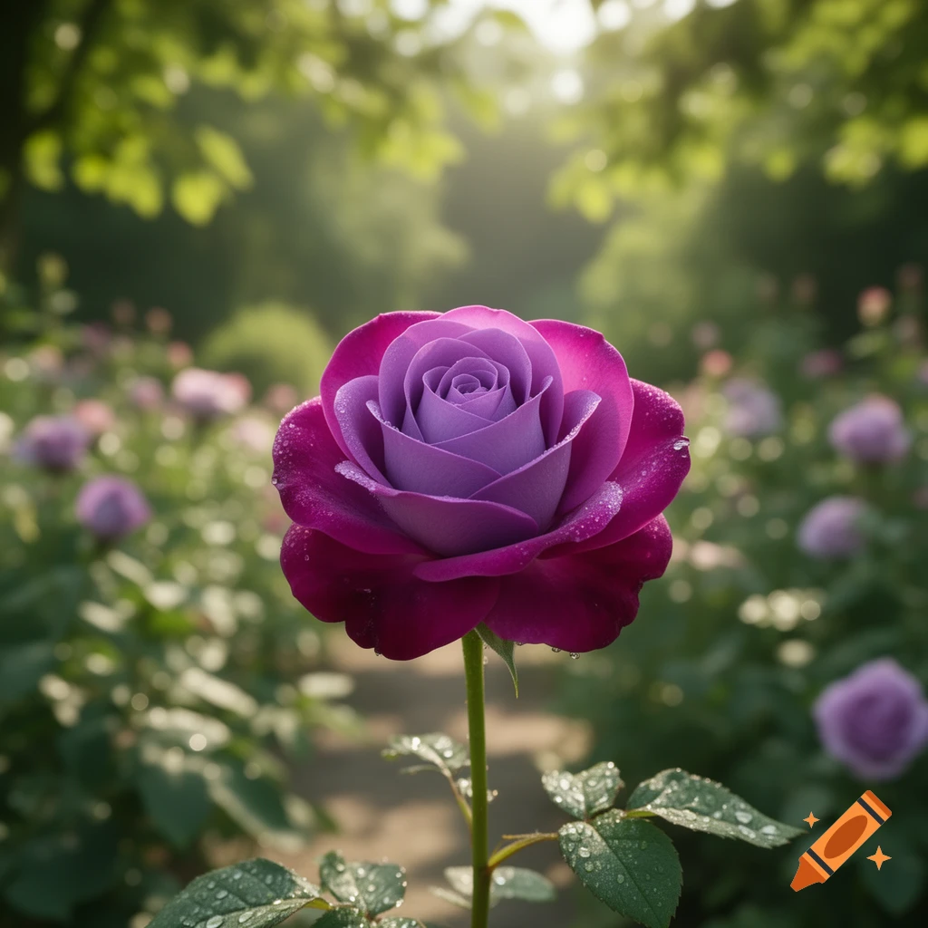A vibrant purple and magenta rose with dew drops, in a lush green garden with soft sunlight filtering through trees.