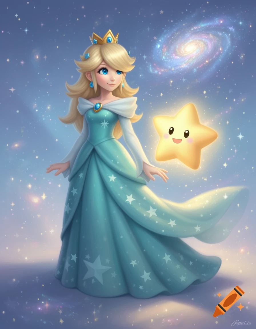 Elegant Rosalina in a teal gown with star patterns stands with a glowing Luma against a starry, cosmic background.