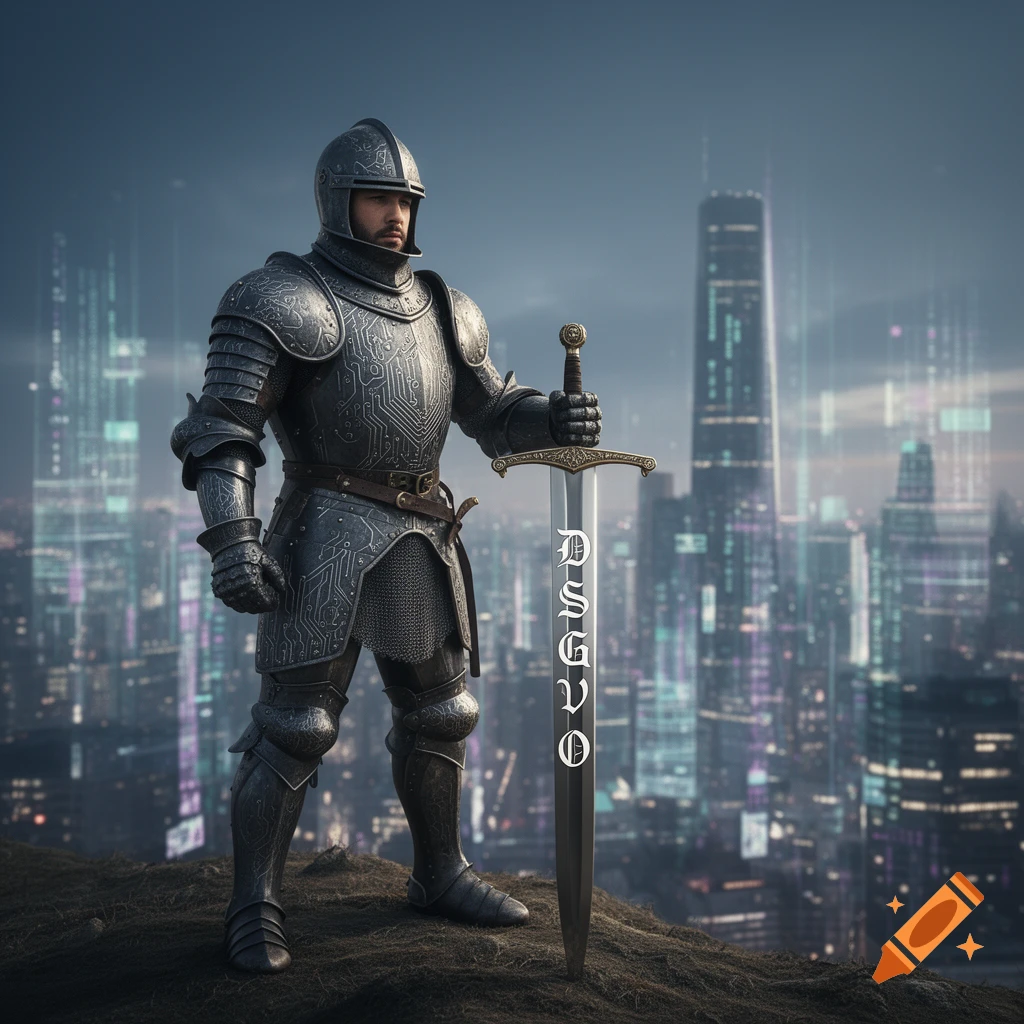 A knight in circuit-patterned armor holds a sword with 'DSGVO' on it, overlooking a futuristic city at dusk.