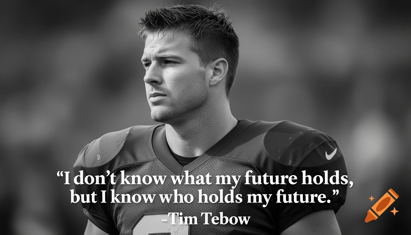 Black and white portrait of Tim Tebow in a football uniform with an overlaid quote about future.