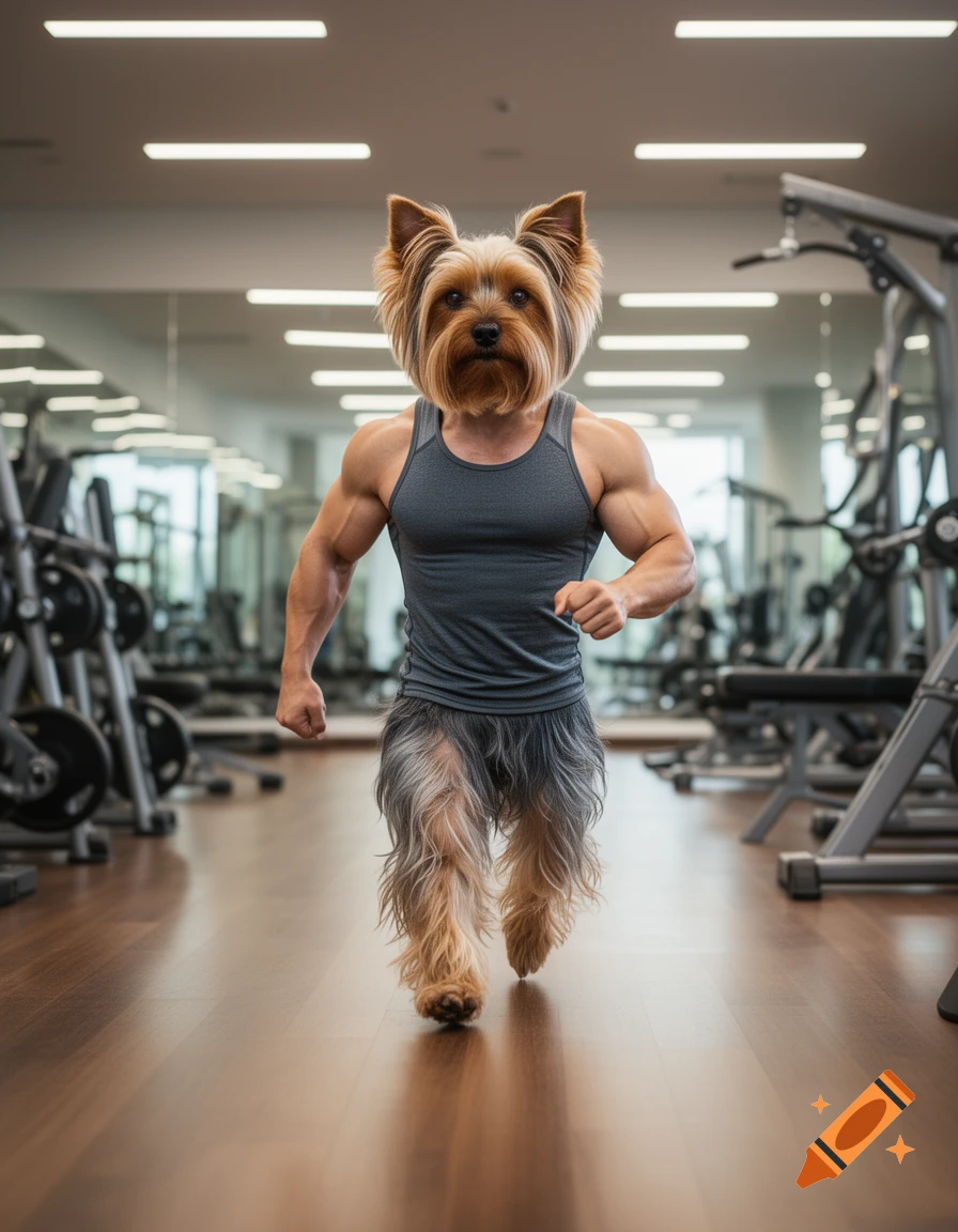 A muscular man with a Yorkshire terrier head and furry legs runs through a modern gym, photorealistic.