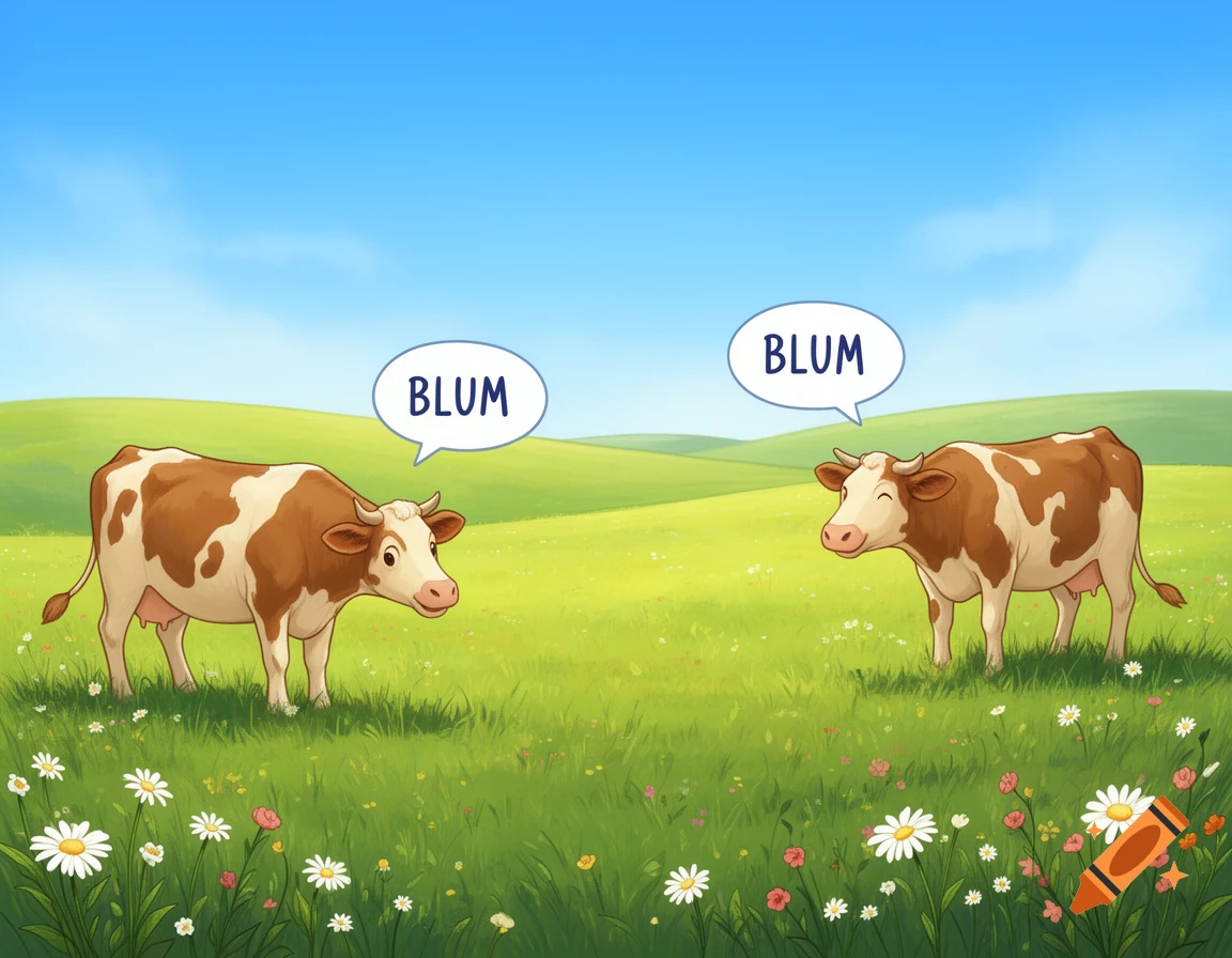 Two cartoon cows stand in a grassy field with colorful flowers, each having a speech bubble above them saying 'BLUM'.