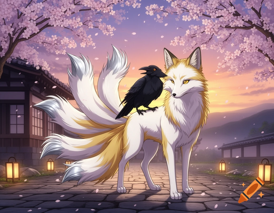 An anime-style white and gold kitsune with a black raven on its back stands on a stone path under pink cherry blossoms at sunset, with traditional Japanese buildings in the background.