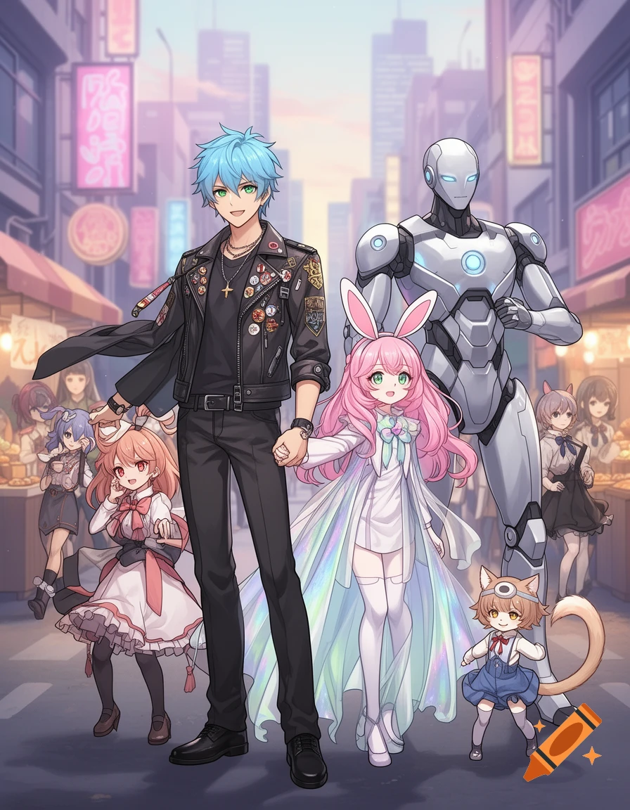 A diverse anime group featuring a man, a pink-haired girl with bunny ears, a robot, and a small cat-eared child walking on a colorful city street.