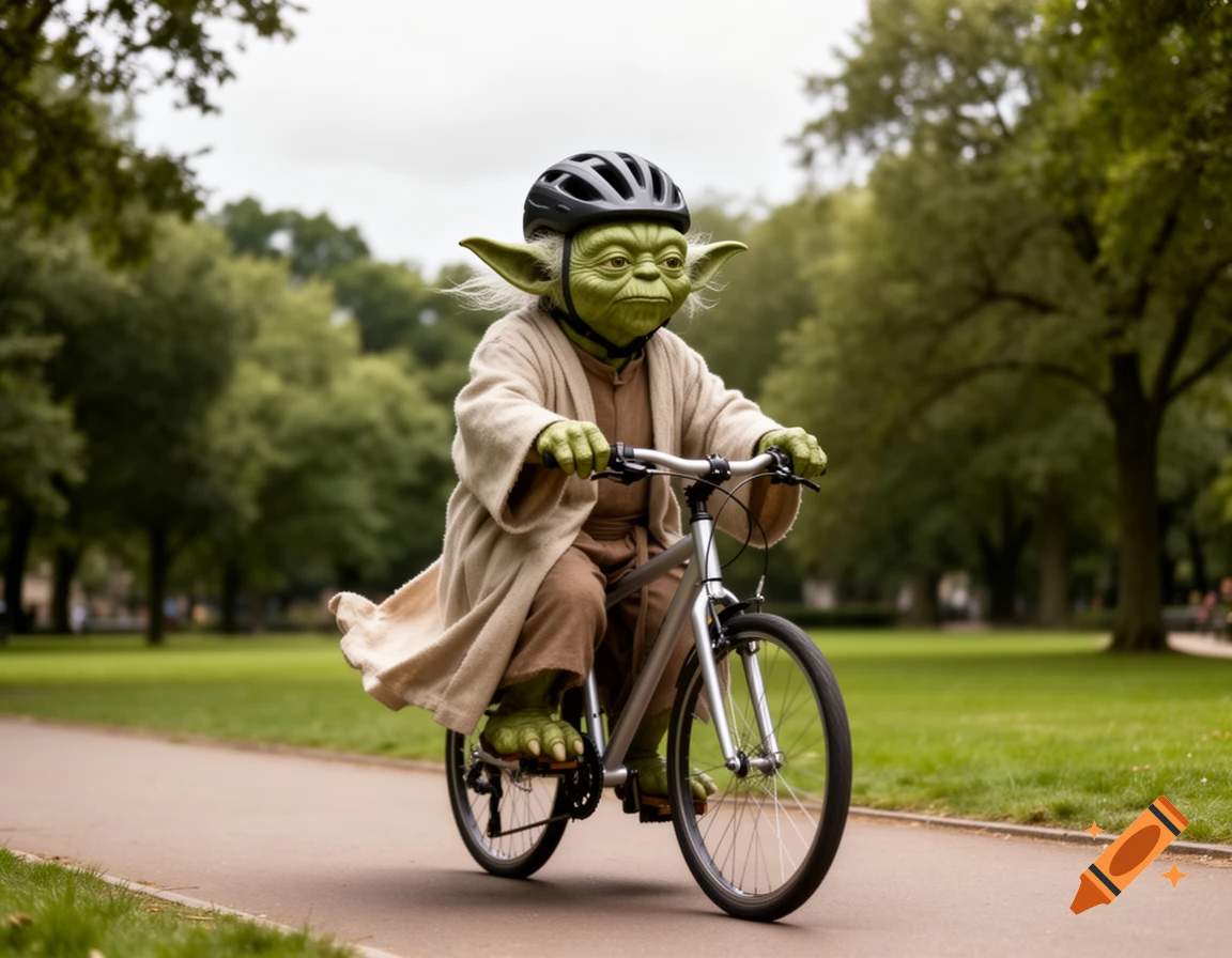 Yoda wearing a helmet rides a bicycle on a paved path in a green park.