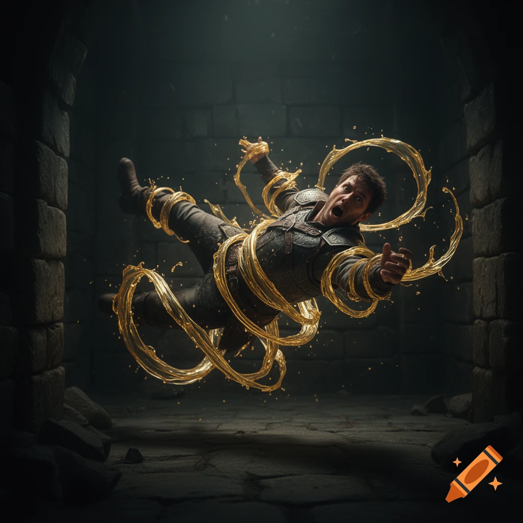 A man in fantasy armor screams as he falls backward, entangled by glowing liquid gold in a dark dungeon.