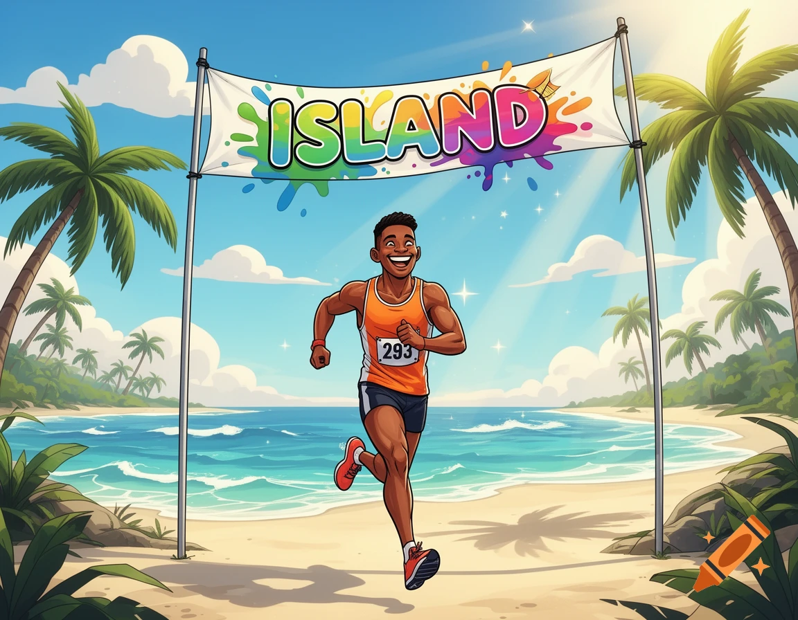 A cheerful cartoon male runner in an orange tank top crosses a finish line on a tropical beach, with a banner displaying "ISLAND".