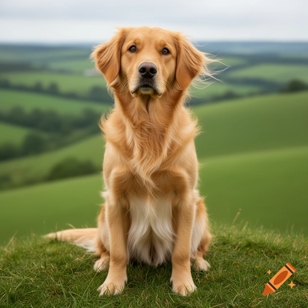 A photorealistic Golden Retriever dog sits on a green grassy hill, looking forward, with rolling green hills and a cloudy sky in the background.