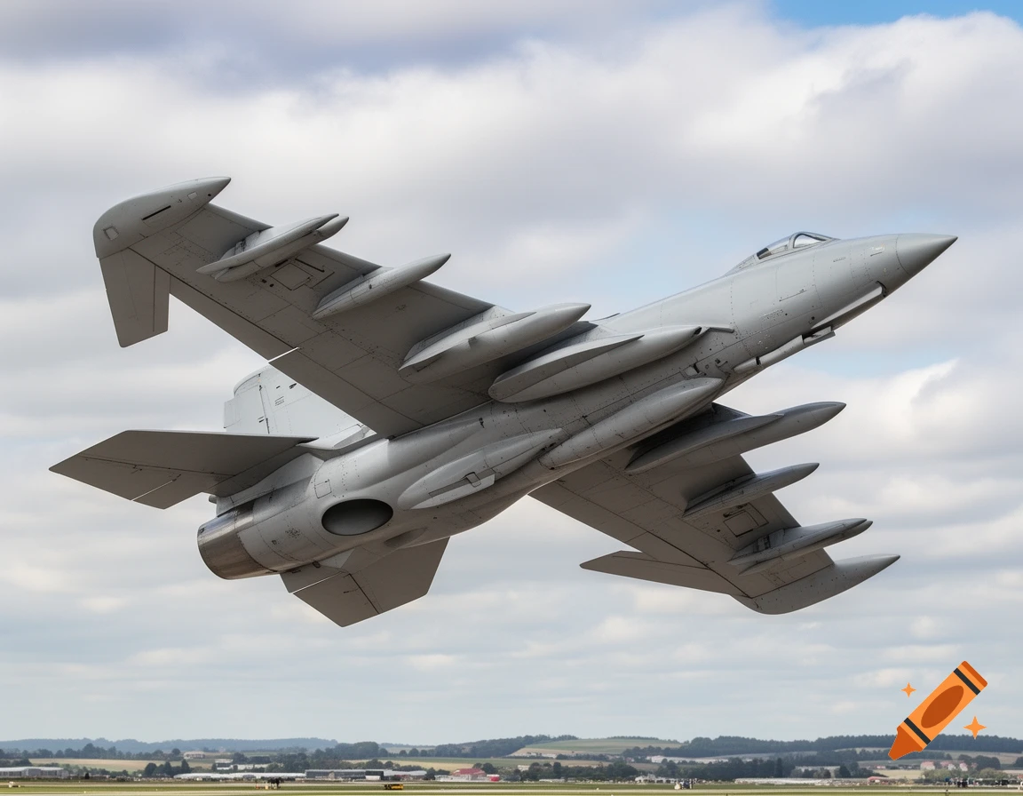 A grey military jet with numerous pylons flies against a partly cloudy sky, seen from below.