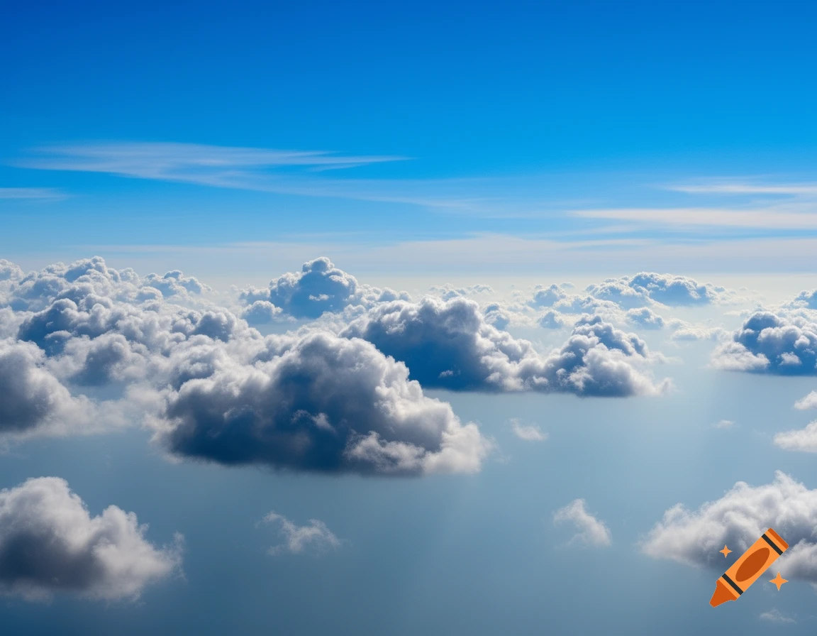 A high-angle view of white and gray cumulus clouds scattered across a clear blue sky, extending to the horizon.