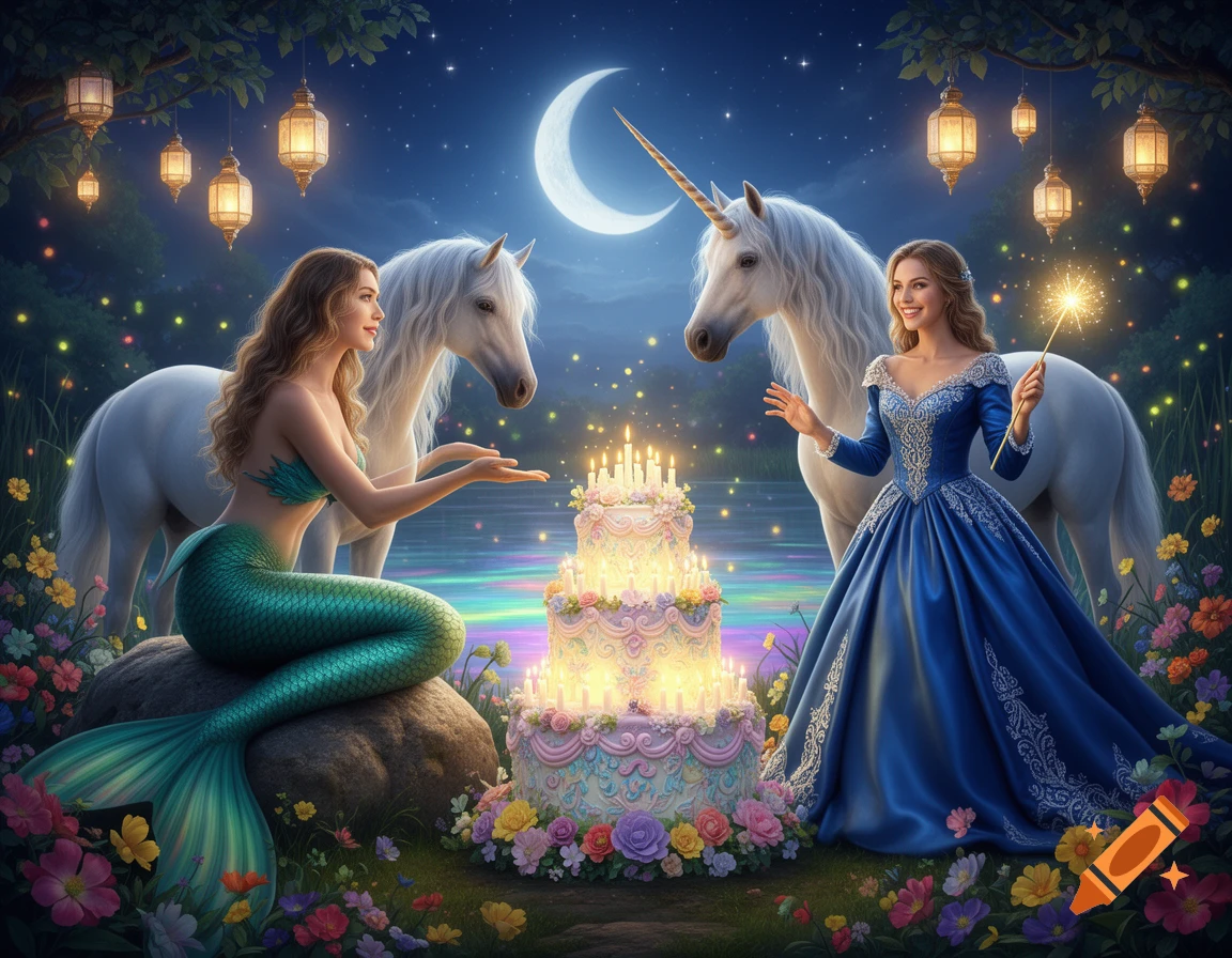 A mermaid and a princess with two unicorns celebrate around a tiered birthday cake under a crescent moonlit fantasy sky.
