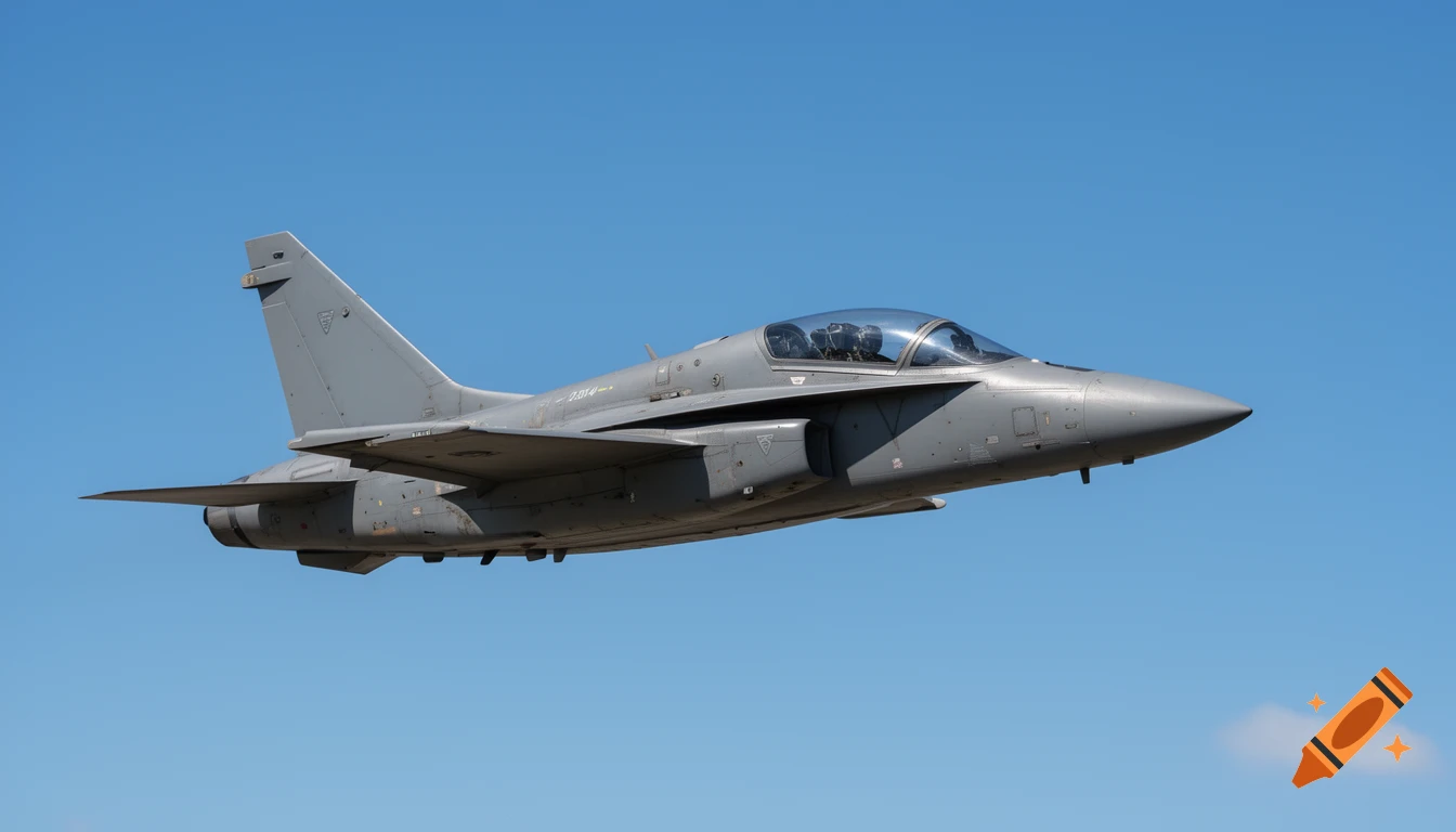 A grey military jet aircraft with a sleek, low-profile canopy flies against a clear blue sky, viewed from below and slightly to the front. Photorealistic.