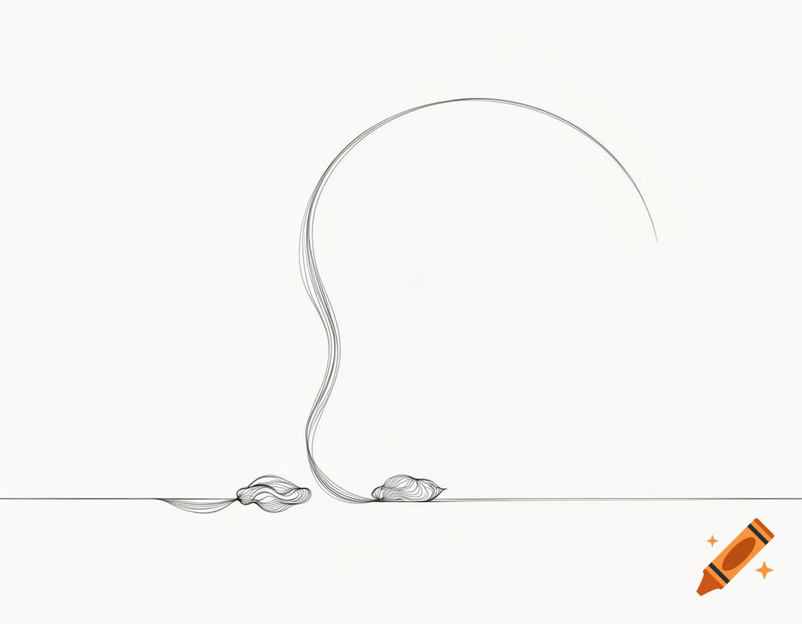A minimalist fine line art drawing on a white background, featuring a single black line connecting three organic shapes and forming an arc.
