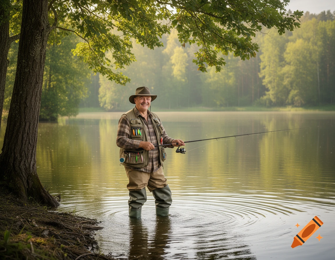A smiling man in a hat and fishing vest stands in a calm lake, holding a fishing rod, with a lush green forest in the background.