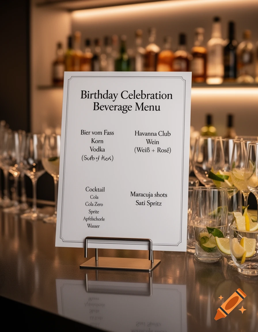 A close-up shot of a birthday celebration beverage menu at a bar, featuring a list of drinks like beer, vodka, wine, soft drinks, and specialty shots. Empty glasses and bottles are blurred in the background.