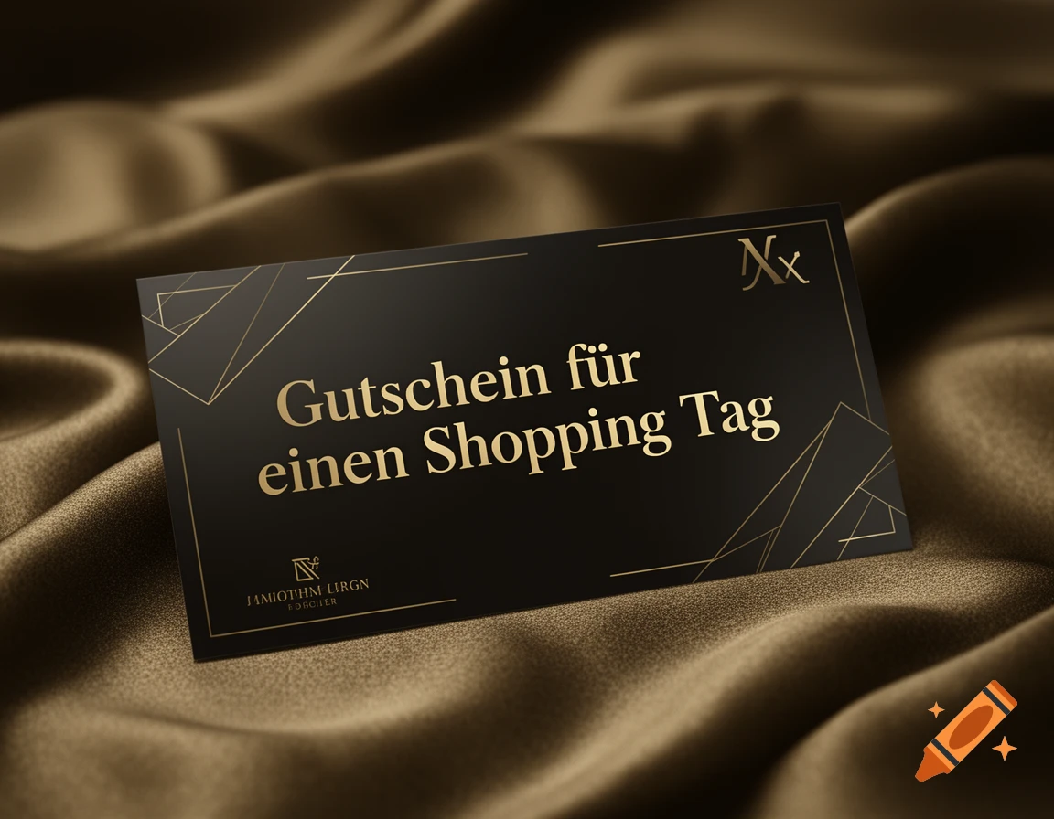 A black and gold gift voucher with geometric designs, reading "Gutschein für einen Shopping Tag" in gold, resting on dark bronze satin fabric.