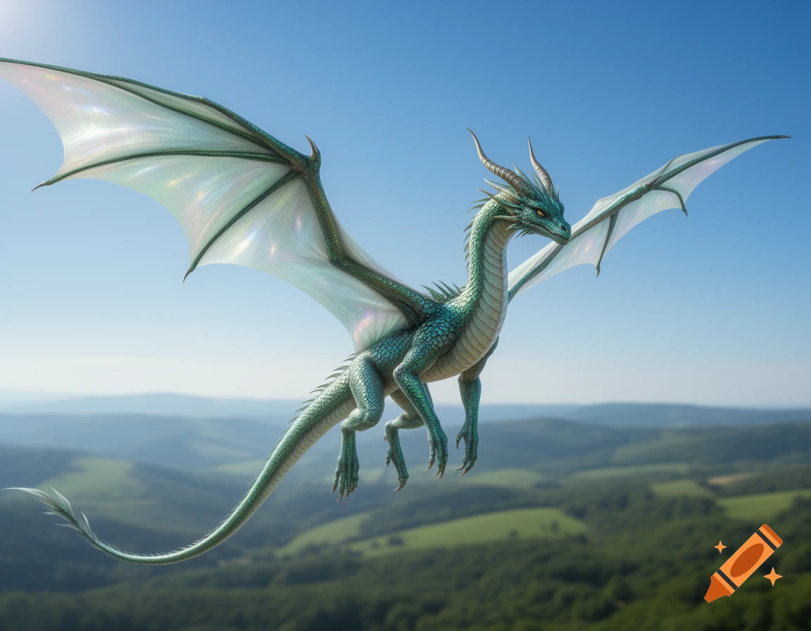 An iridescent green dragon with large, shimmering wings flies under a clear blue sky above green, rolling hills.