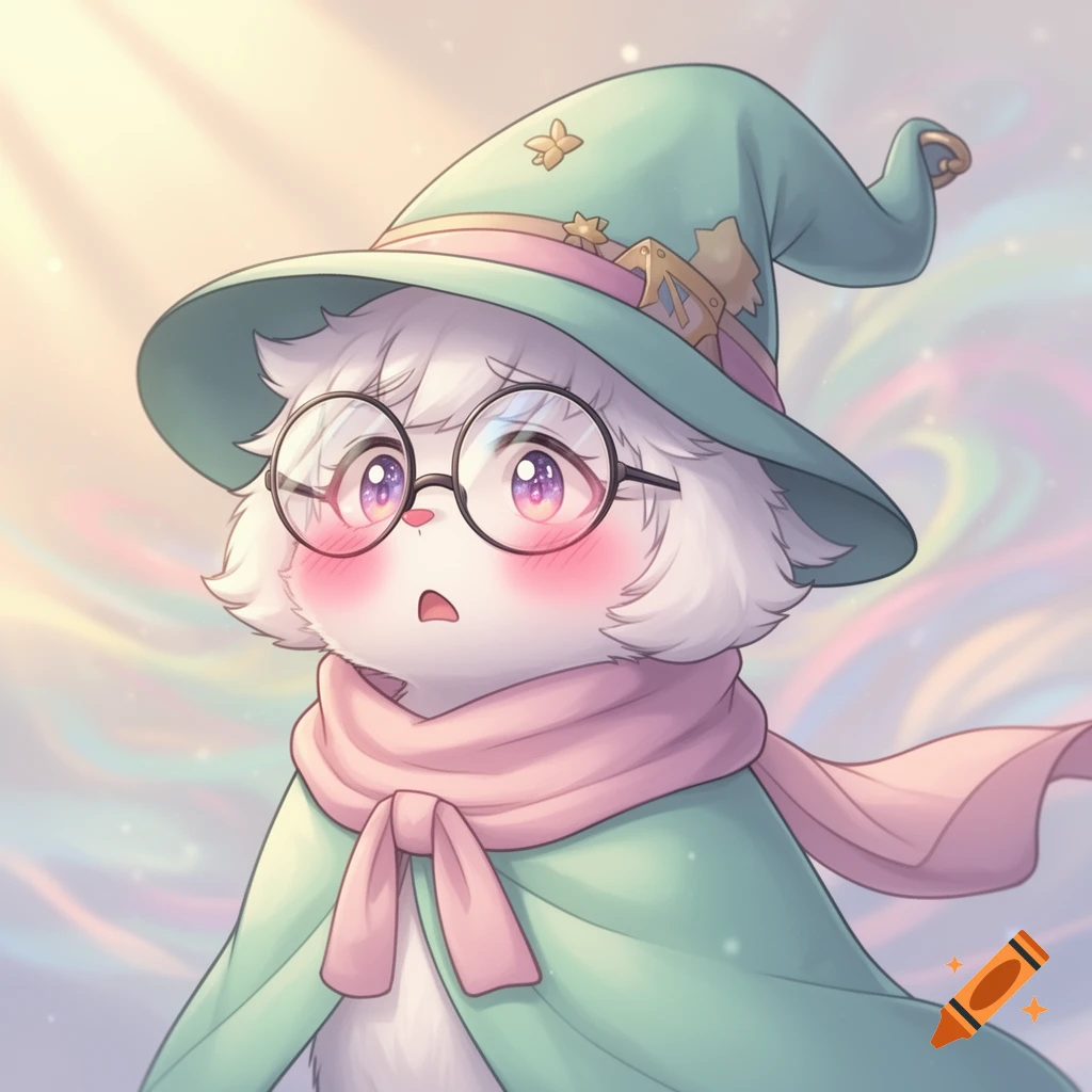 A cute, flustered white fluffy animal wearing a green wizard hat, round glasses, pink scarf, and green cloak, in an anime style.