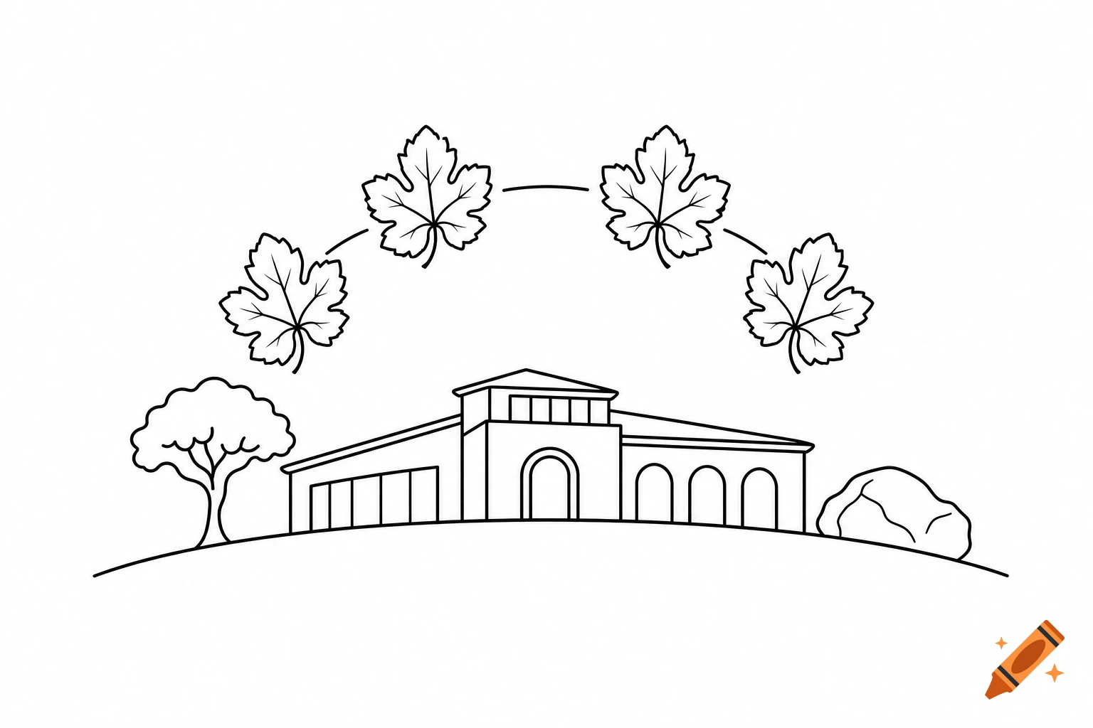 A minimalist black line art logo shows a modern winery building on a hill with a tree, a boulder, and four vine leaves forming an arch above.