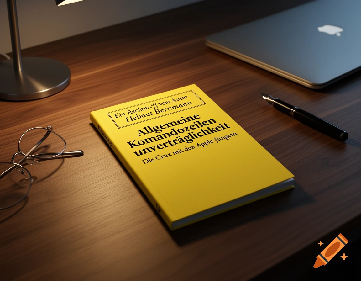 A photorealistic image of a yellow book titled 'Allgemeine Kommandozeilenunverträglichkeit' on a wooden desk with a laptop, glasses, and a pen.