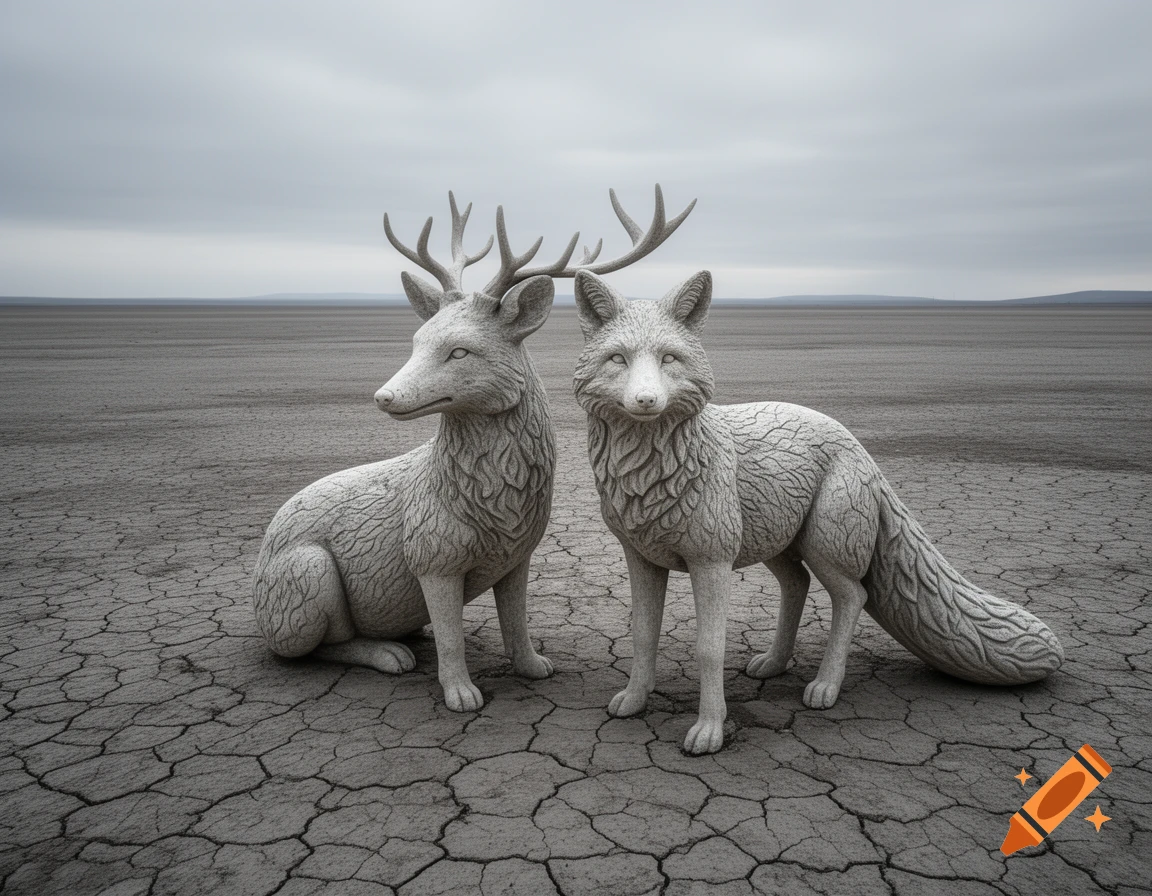 Stone statues of a deer and a fox on cracked dry earth under a gray sky.