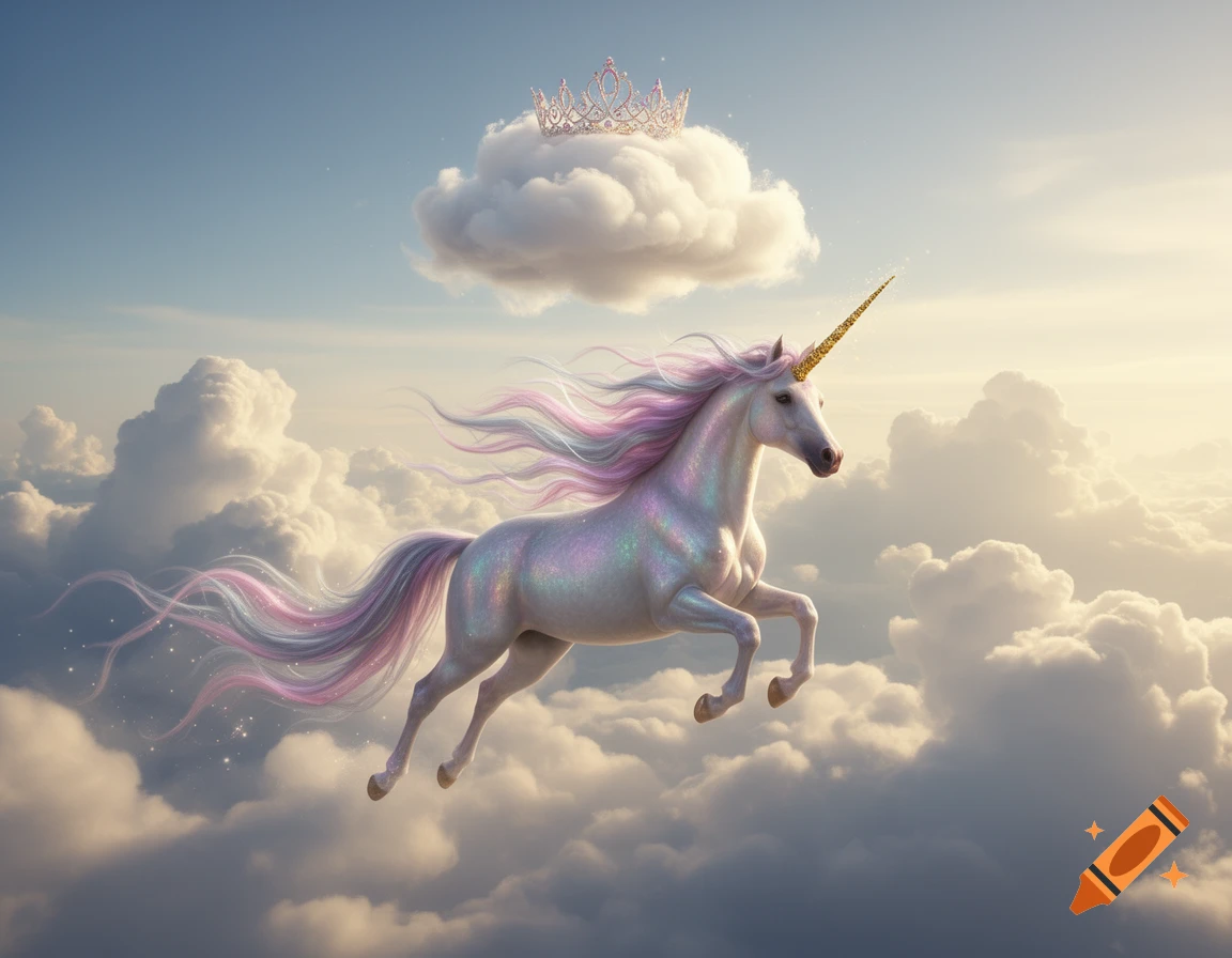 A majestic white unicorn with a rainbow mane and tail flies through a cloudy sky, with a princess crown resting on a cloud.