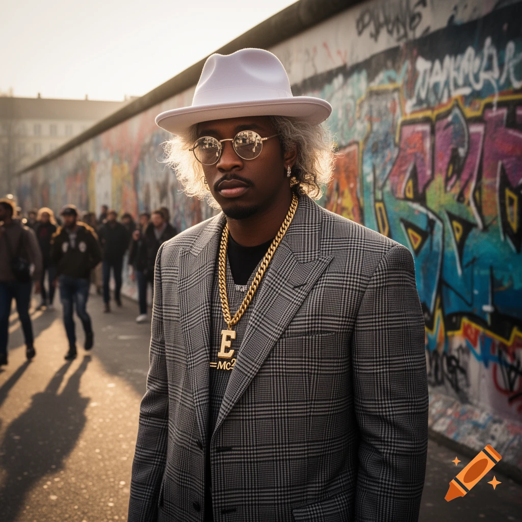 A man in a white fedora, sunglasses, and plaid suit with gold chains and an 'E=MC2' pendant, standing before a graffiti wall.