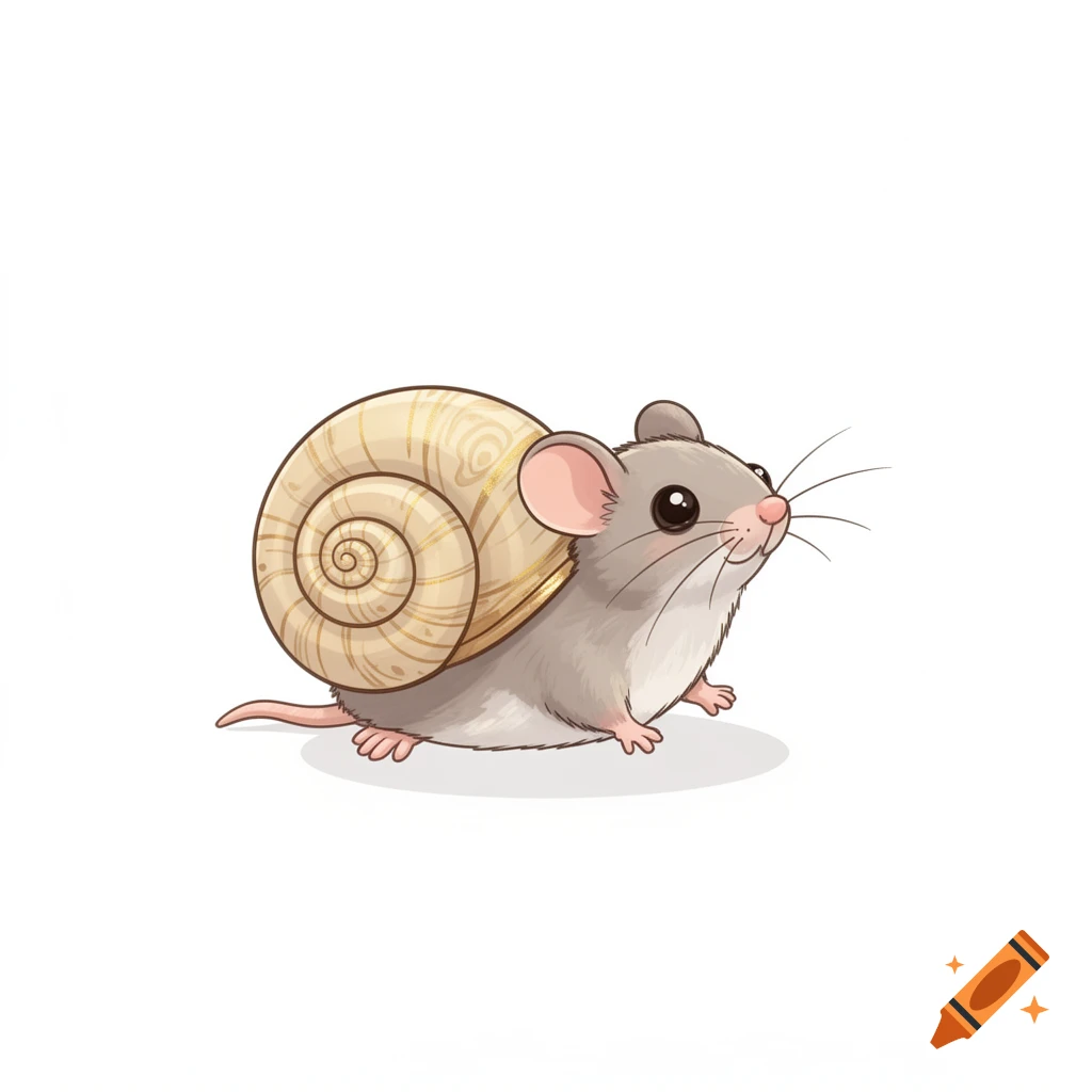 A cute cartoon mouse with a spiral snail shell on its back, isolated on a white background.