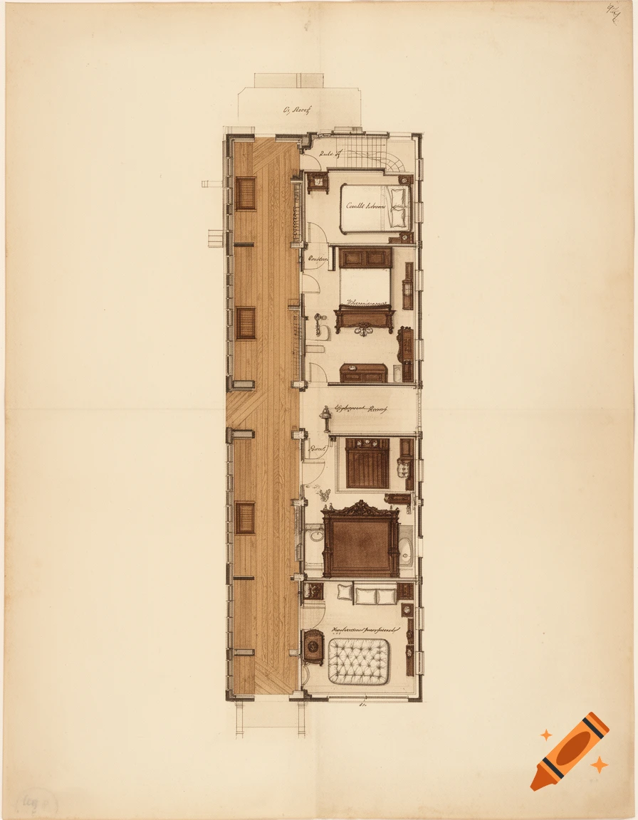 Overhead architectural floor plan of the top floor of a 19th-century French stone manor, drawn on aged cream parchment.