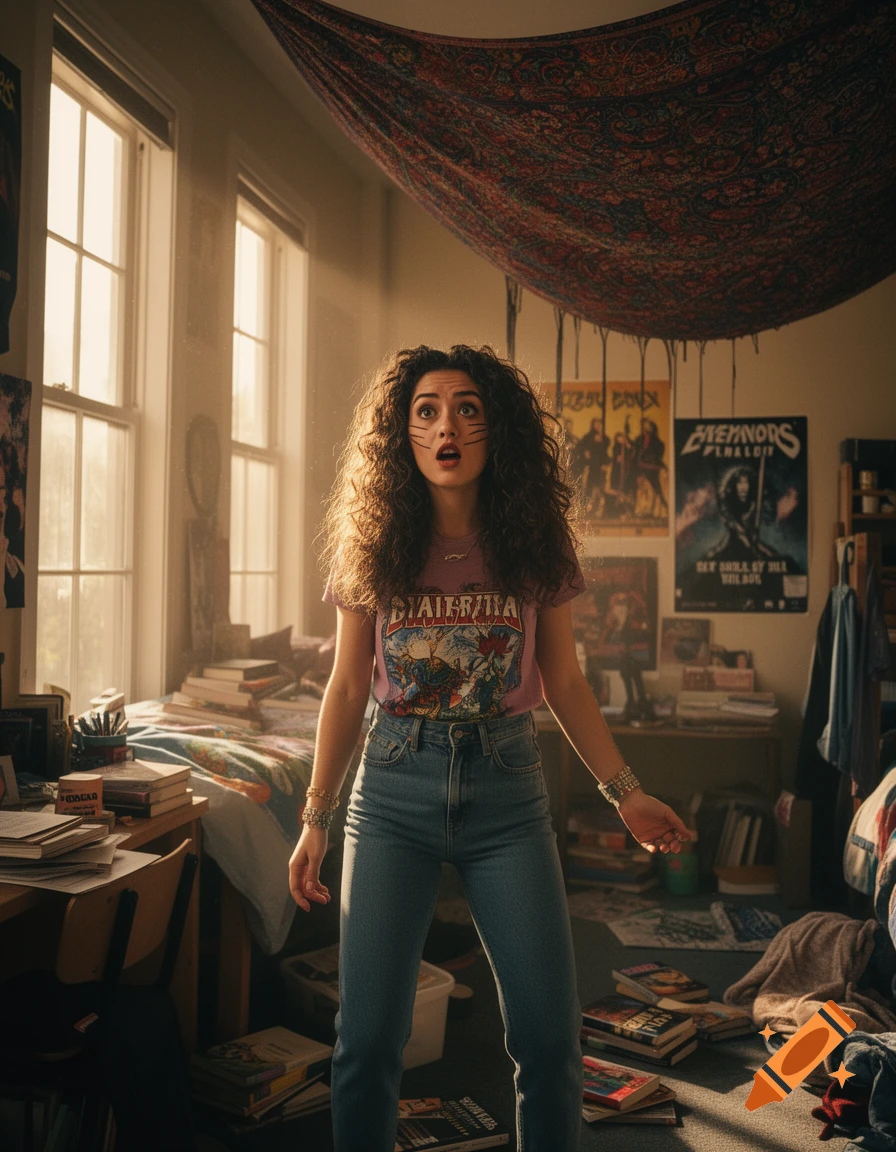 A surprised young woman with curly hair and cat whiskers painted on her face stands in a sunlit, cluttered dorm room.