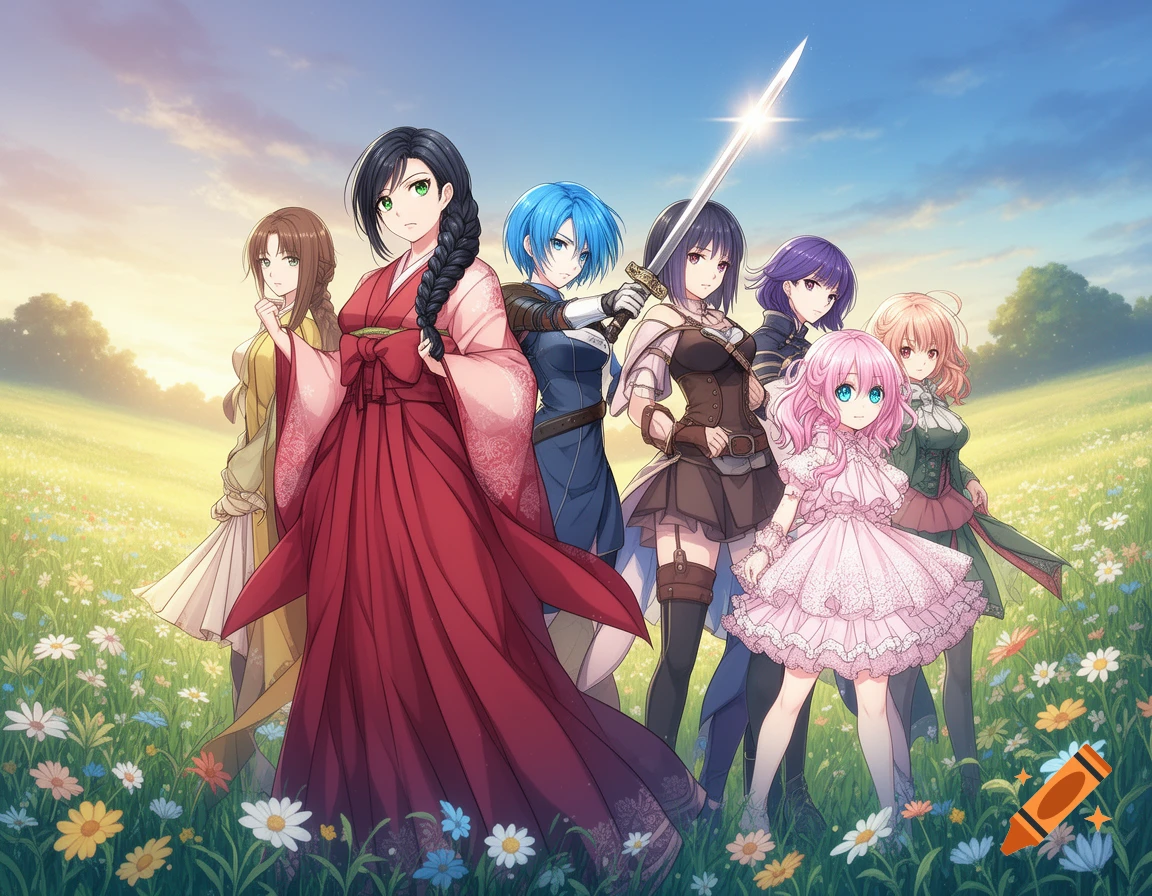 Six anime-style female characters stand together in a vibrant, sunlit flowery field under a bright sky.