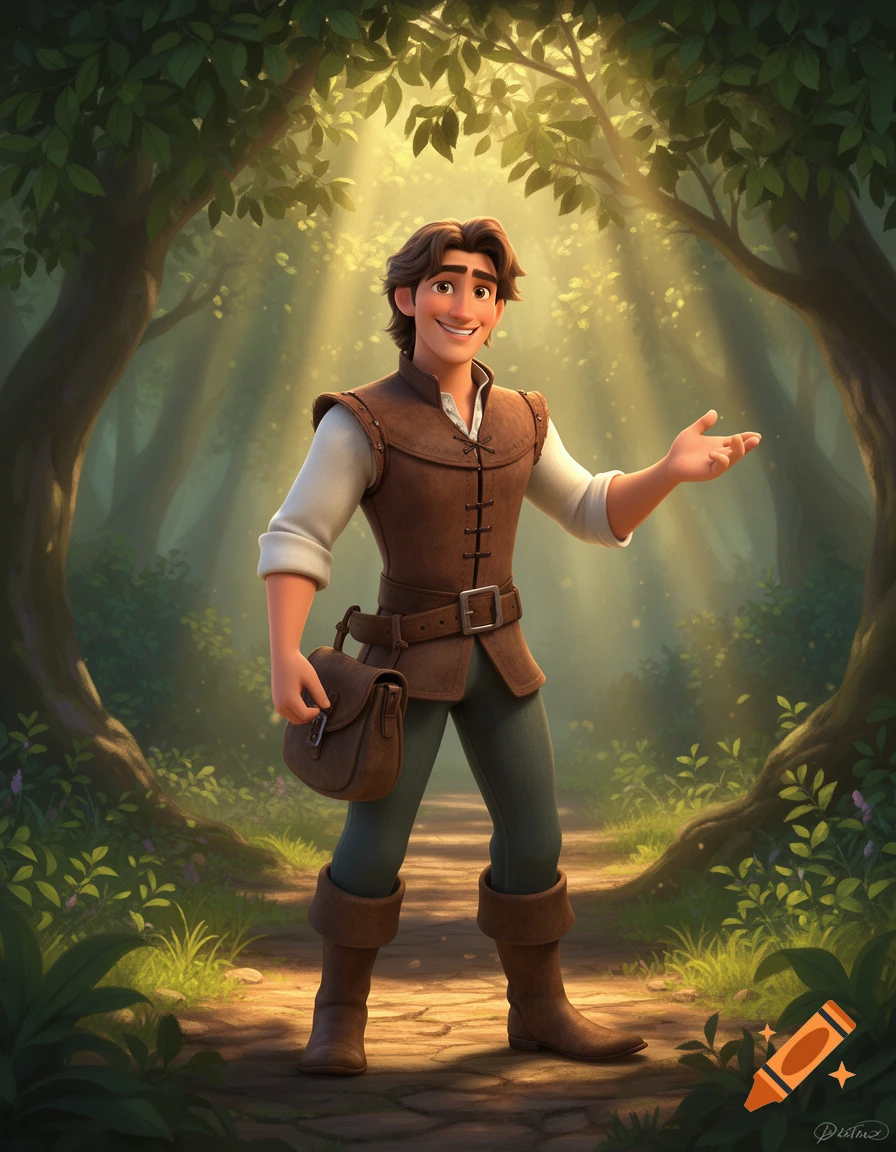 A smiling animated man, resembling Flynn Rider, stands on a sun-dappled forest path with an open hand gesture, holding a satchel.
