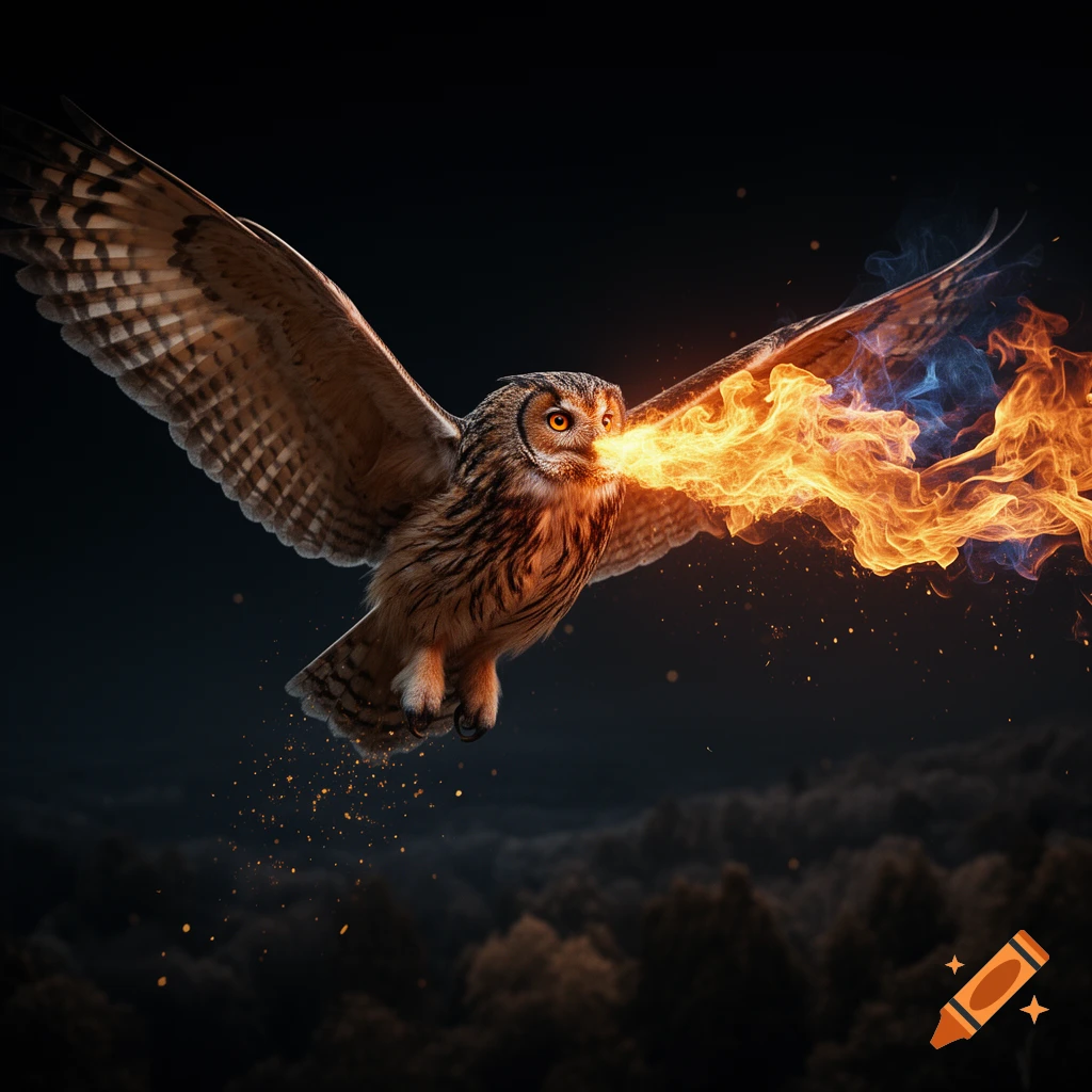 A photorealistic owl with glowing orange eyes flies in a dark night sky, breathing a stream of orange and blue fire.