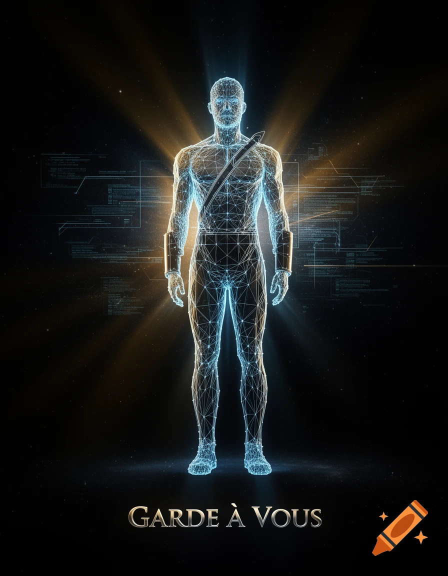 A glowing blue and gold wireframe human figure stands at attention against a dark background with abstract digital code.